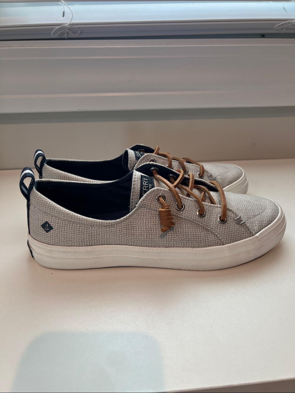 Women’s Sperry Light Gray Canvas Sneakers with Tan Laces